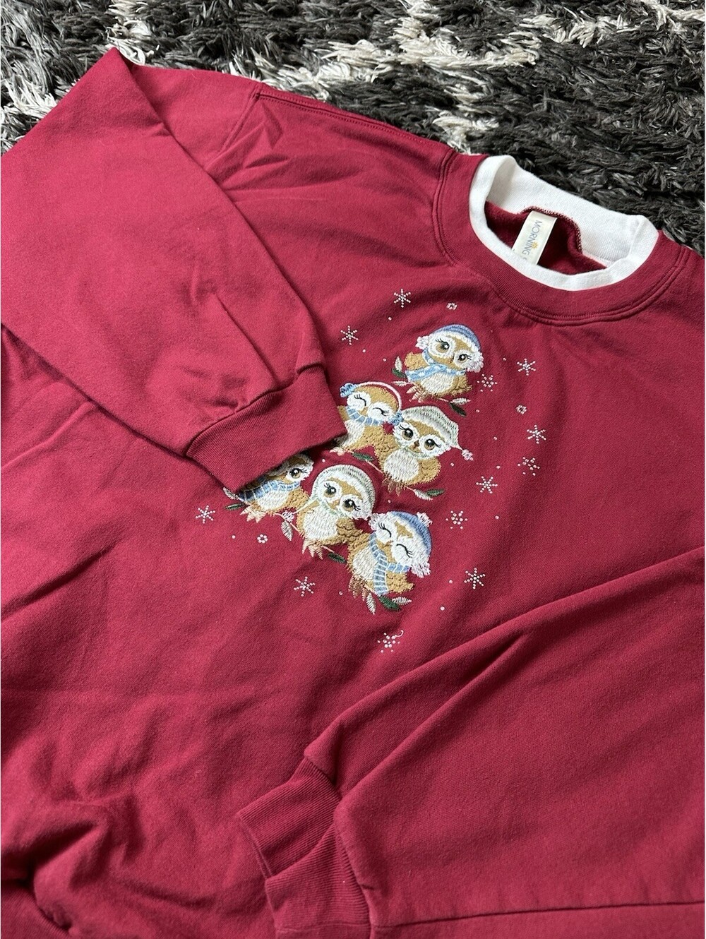 Vintage 90s Morning Sun Christmas Owls Sweatshirt Womens XL Red Double Collar